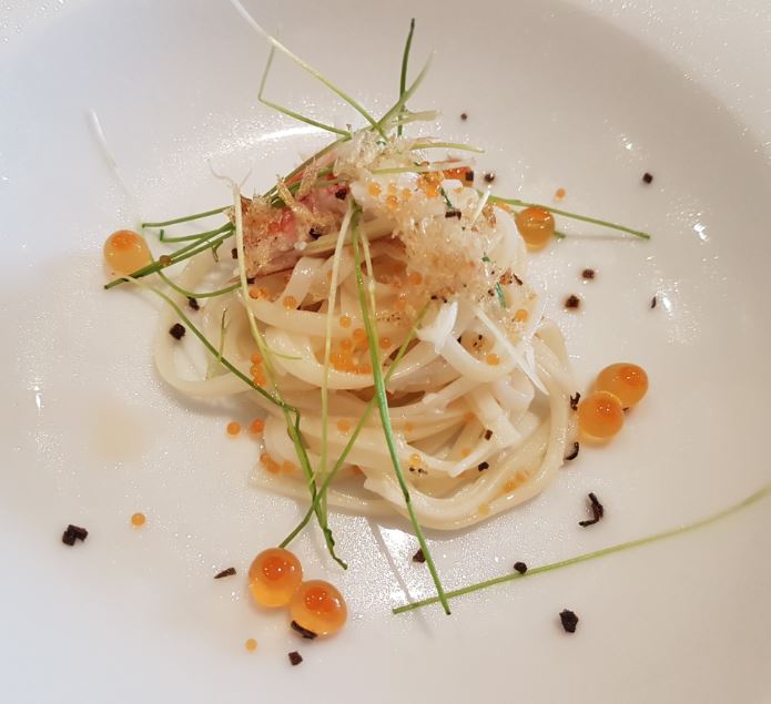 cold udon noodle with truffle oil and crab meat