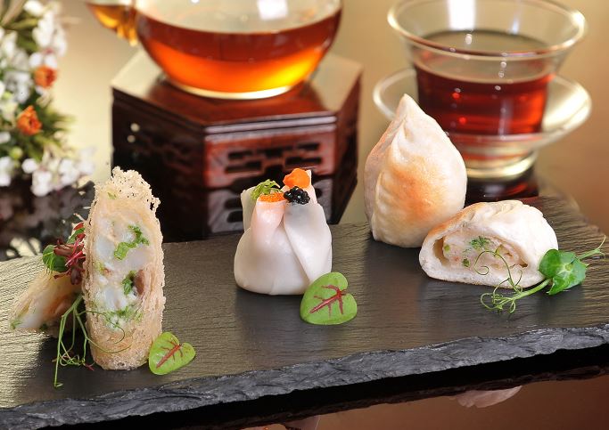 Dim Sum_ Steamed Four-season Crab Meat Dumpling_Pan-fried Crab Meat and Pork Bun_ Deep-fried Netted Rice Roll with Crab Meat and Prawn